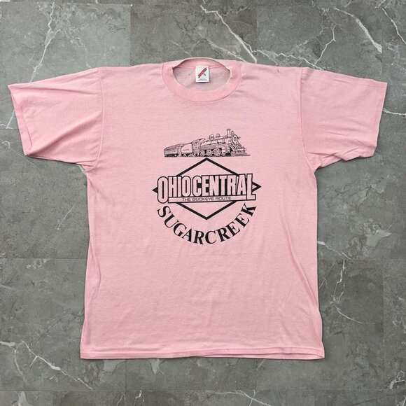 Vintage Ohio Central Railroad Graphic Tee Mens XL Sugar Creek Short Sleeve Pink - Picture 1 of 12